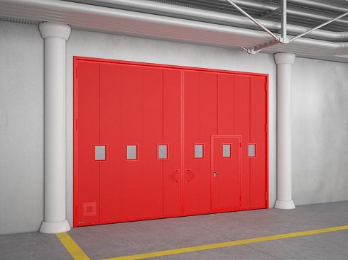 Распашные противопожарные ворота с окнами и люками